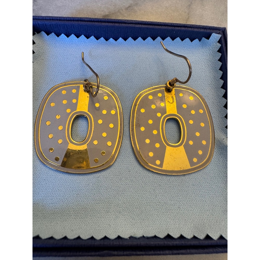 Laurel Burch Vintage Enamel Grey Gold Polka Dot Geometric Drop Earrings